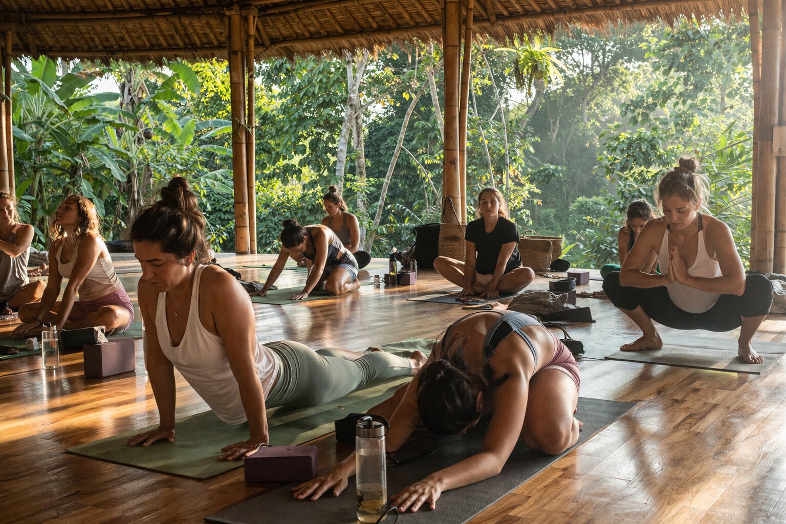 Students at different levels practicing yoga together in an open-air shala in Bali