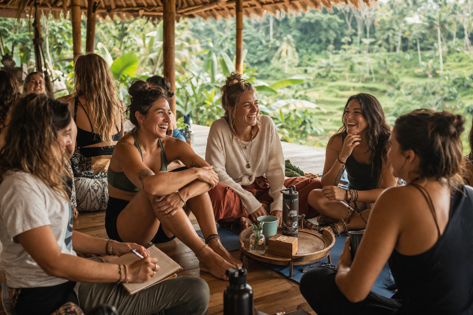 Yoga teacher training students sharing a relaxed moment together off the mat in Bali