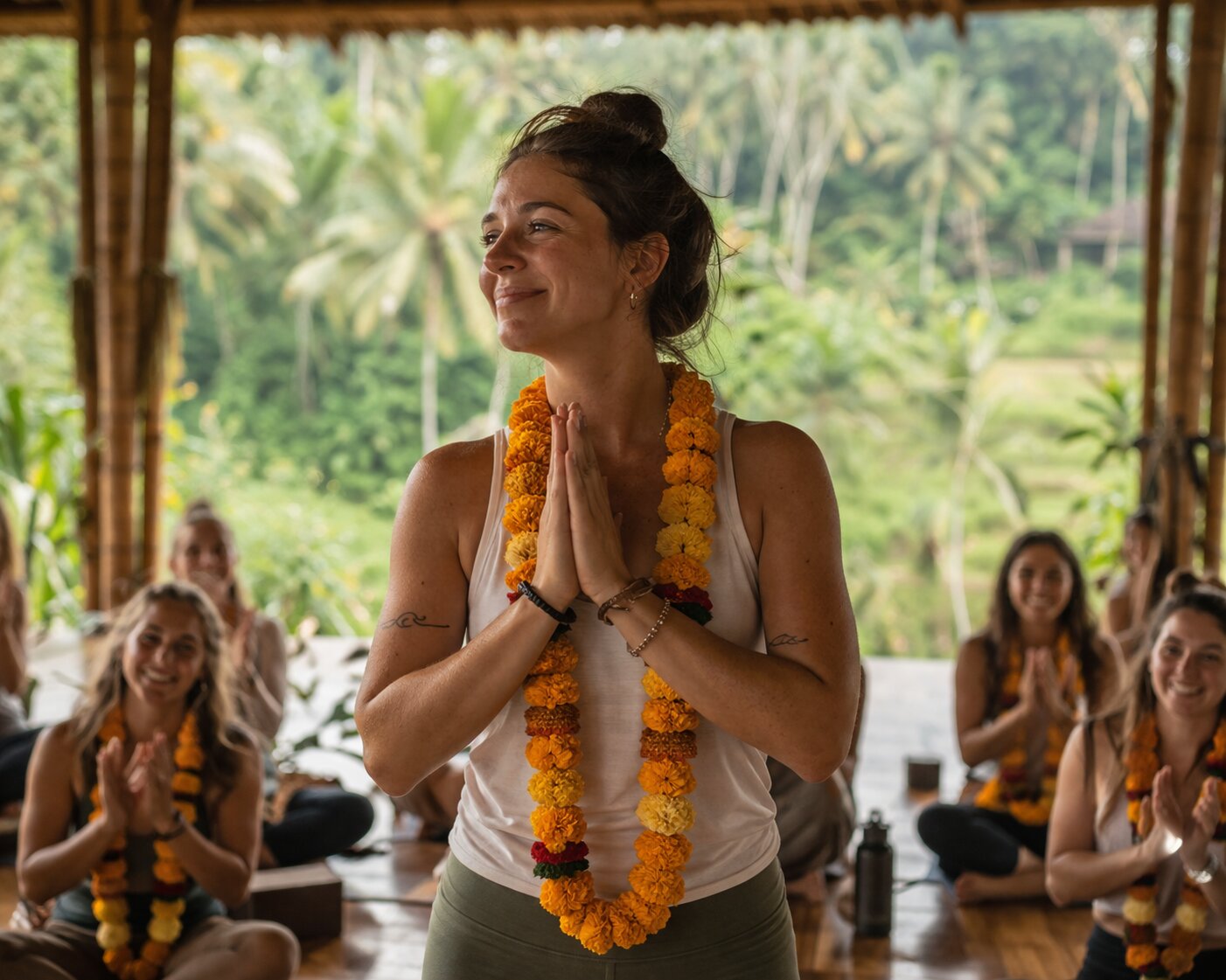 A confident yoga teacher training graduate in Bali after completing their 200-hour program