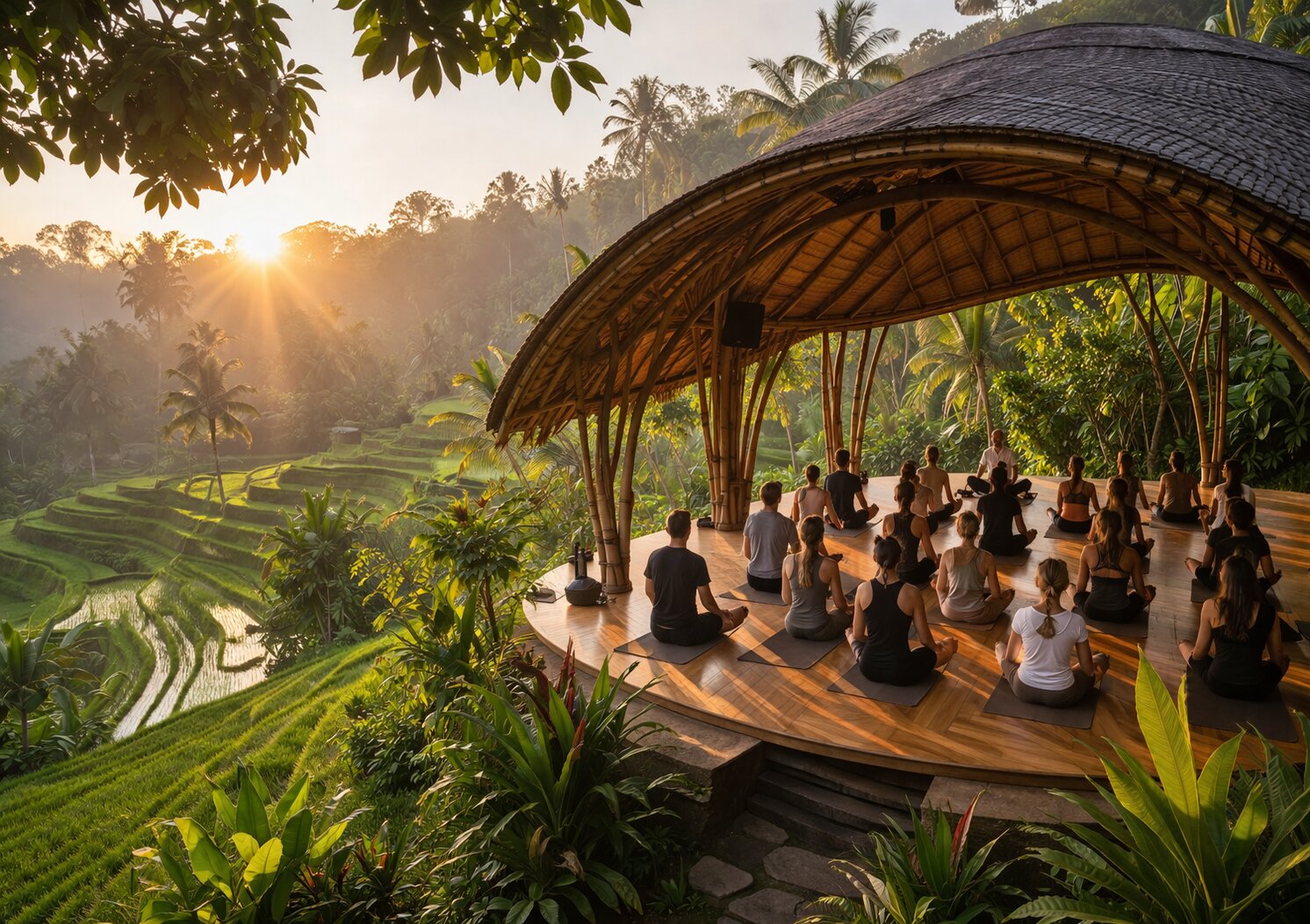 Students in a group yoga teacher training session in an open-air Bali shala